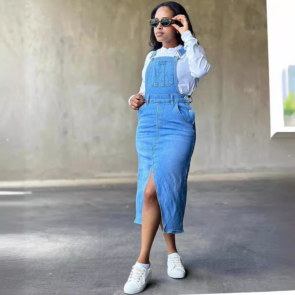 Women's Straight Leg Overalls Dress Street Fashion Large Pocket Slit Denim Skirt