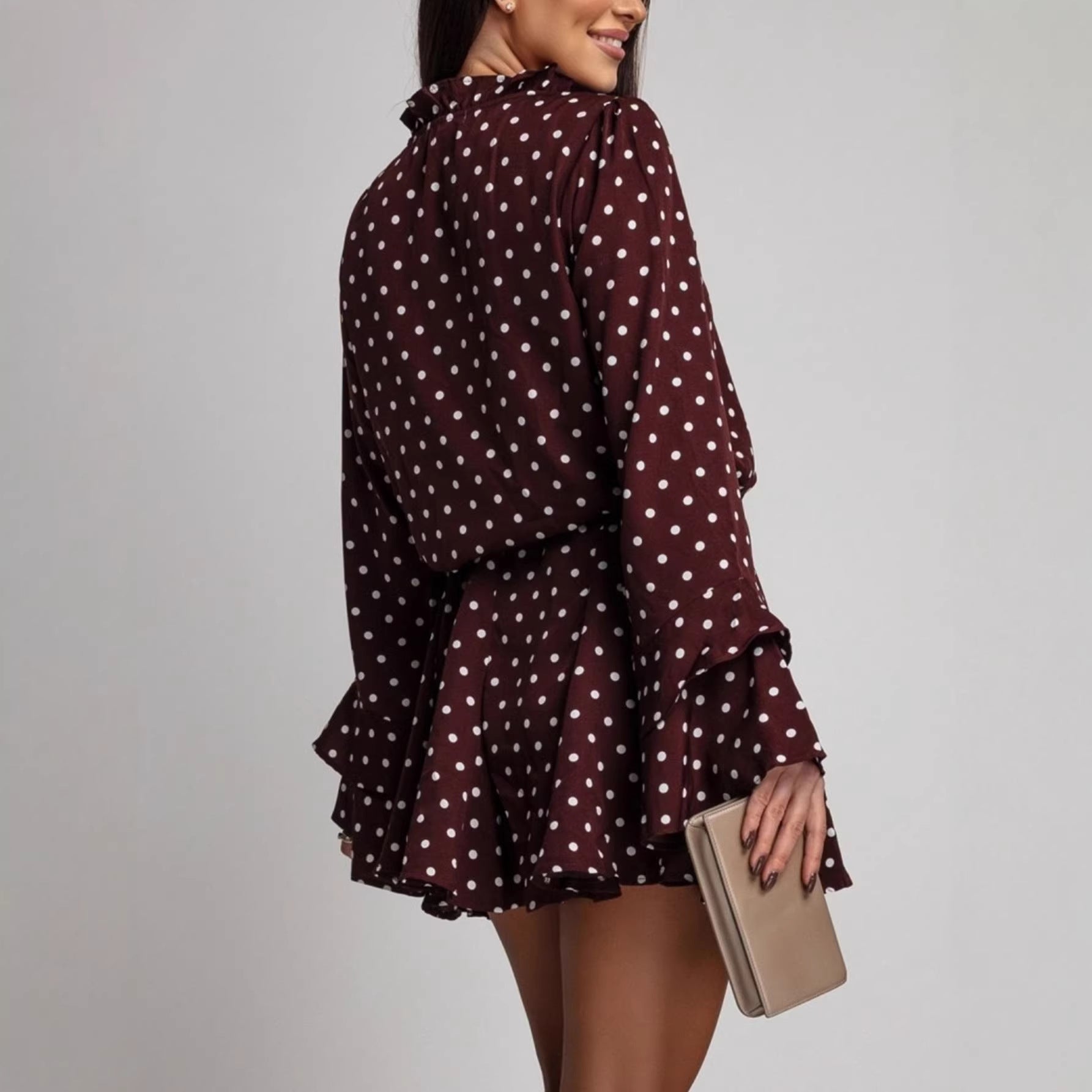 Dotted Dress French Sweet V-Neck Long Sleeve Elastic Waist Plus Size Dress