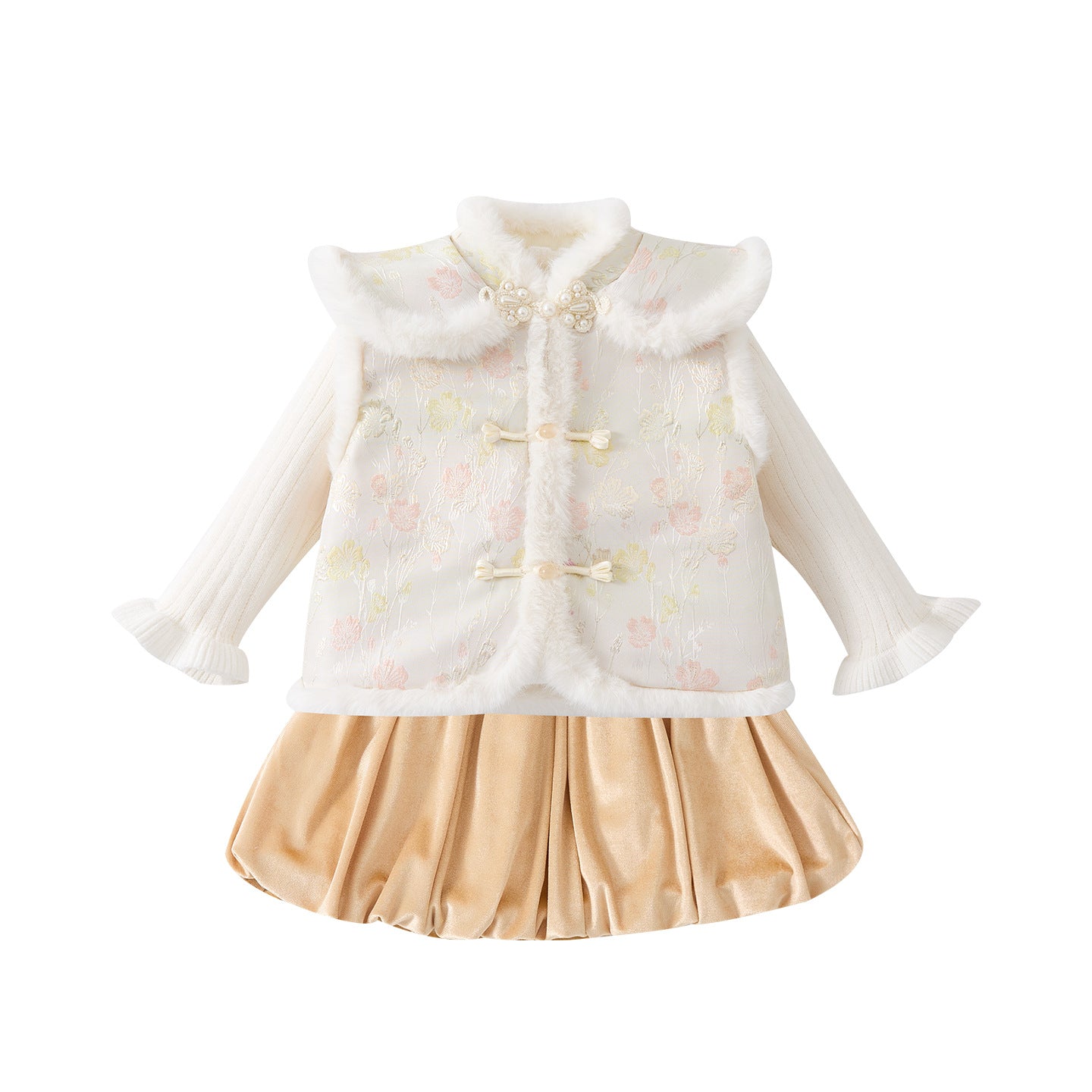 Fleece Lined Thickened Fur Trim Puff Skirt Set Women's Wear