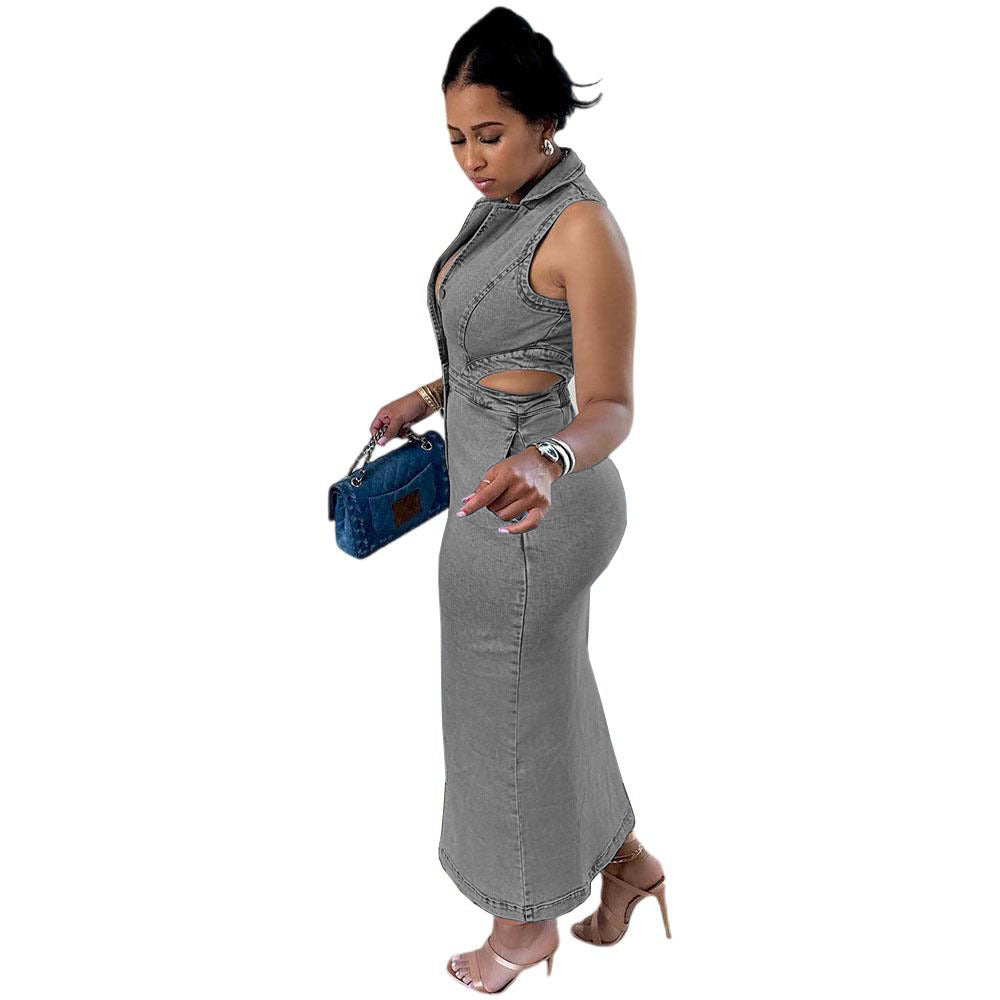 Fashion Street Style Single-Breasted Sleeveless Necktie Elastic Long Dress for Women