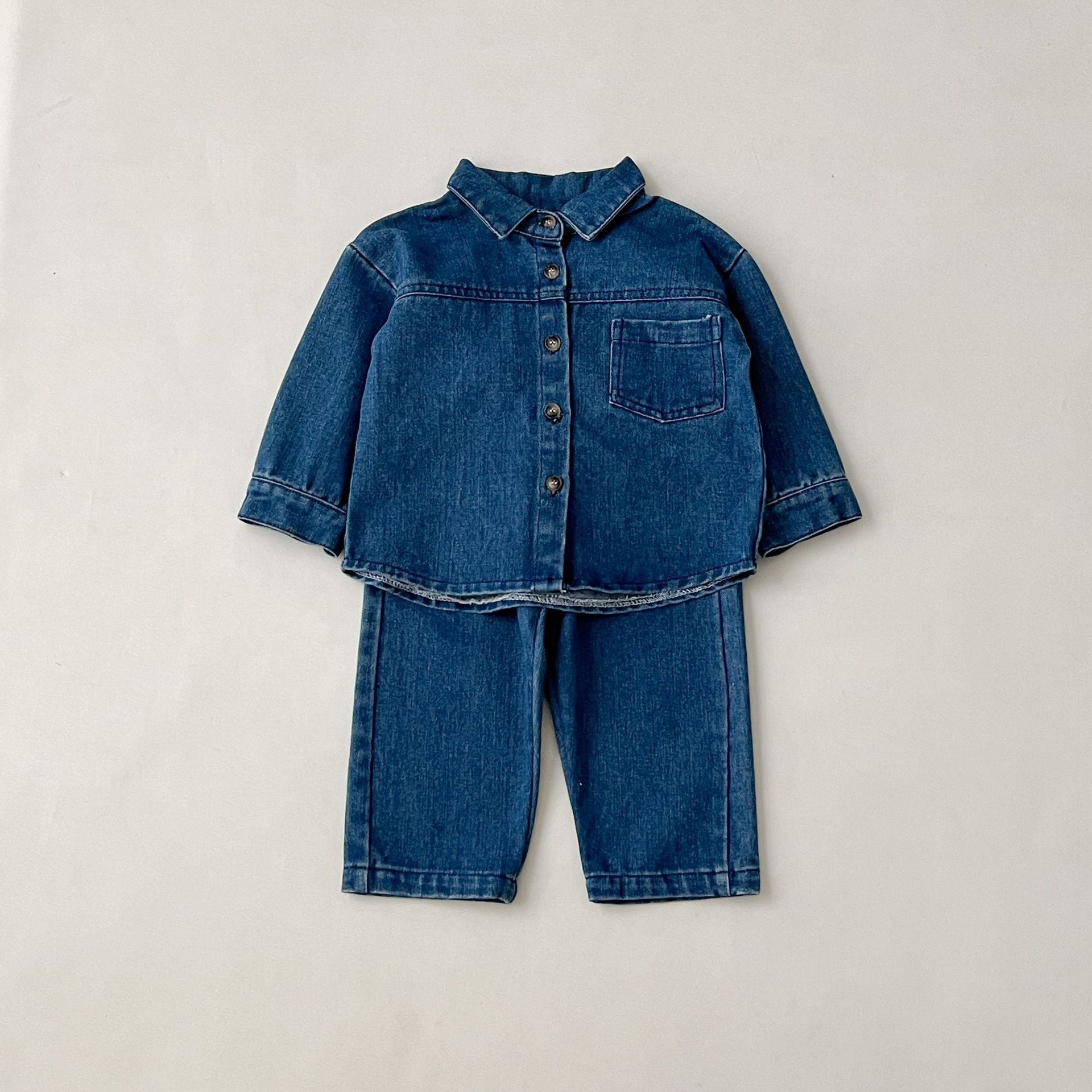Autumn and winter set boys' and girls' solid color denim two-piece set
