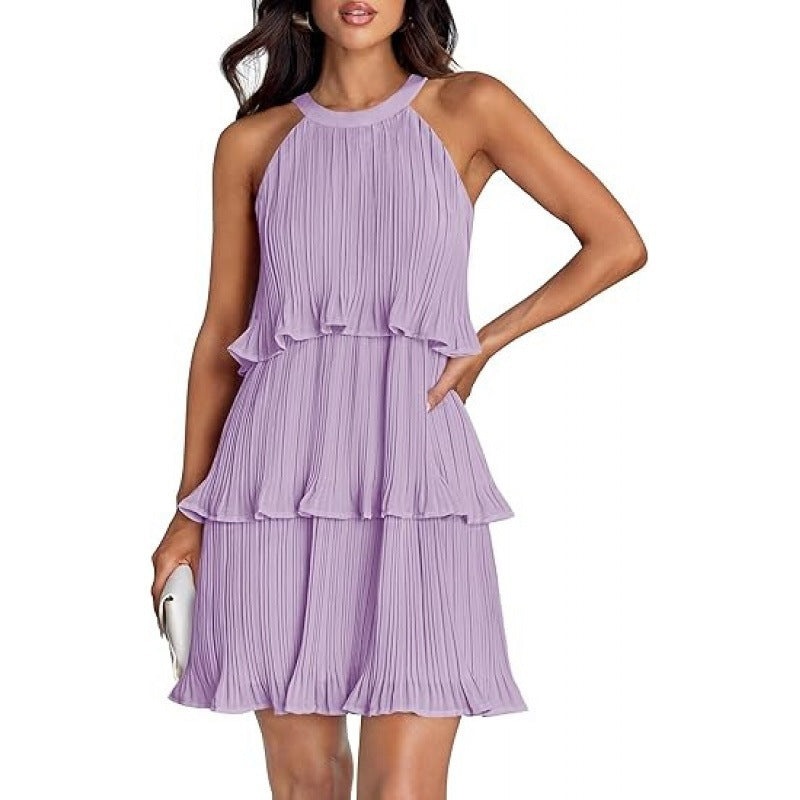Layered Patchwork Sleeveless Dress with Pleated Hem and Hooded Design for Women