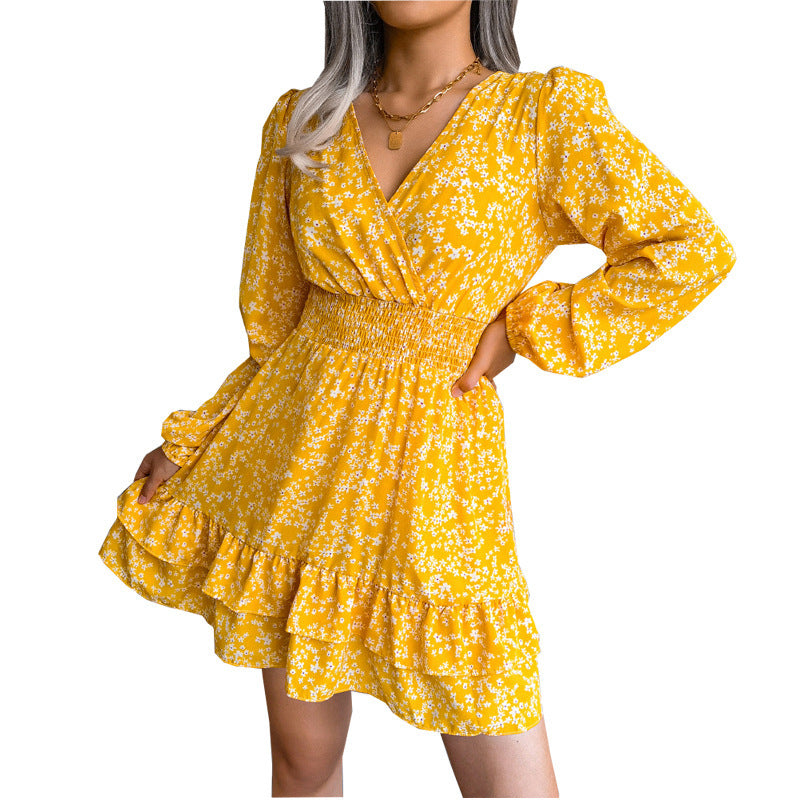 Spring Summer Floral V-Neck Chiffon Dress for Women