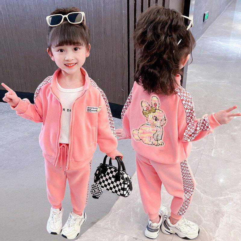 girls' two-piece set, trendy casual tracksuit jacket and hoodie outfit for kids