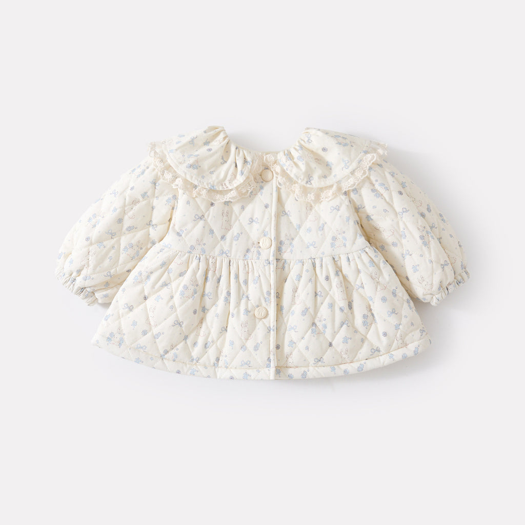Floral Cotton Jacket Set for Baby Girls, Quilted Coat with Fleece Lined Bottoms