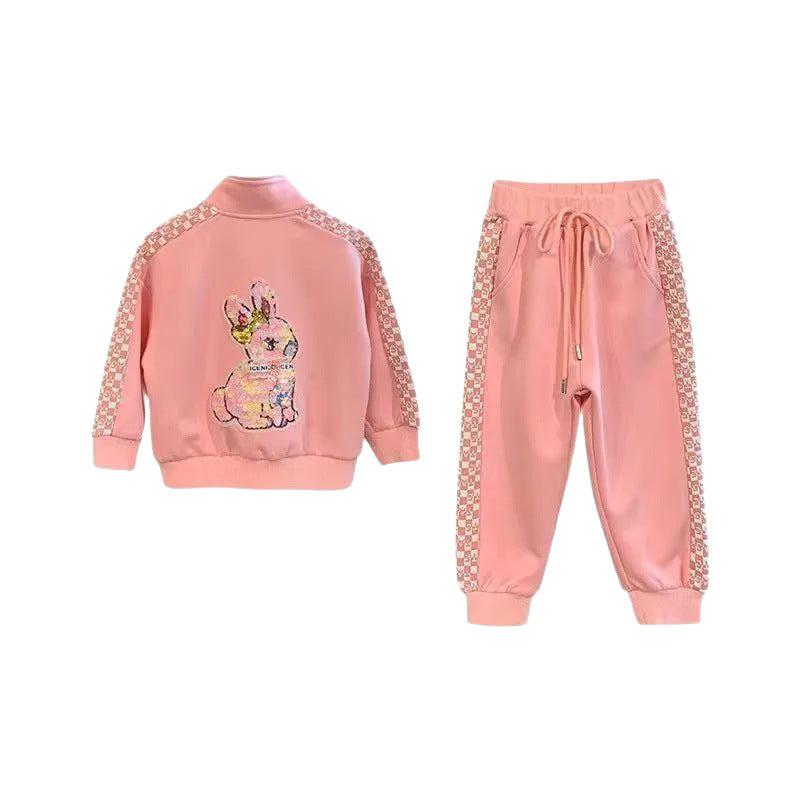 girls' two-piece set, trendy casual tracksuit jacket and hoodie outfit for kids
