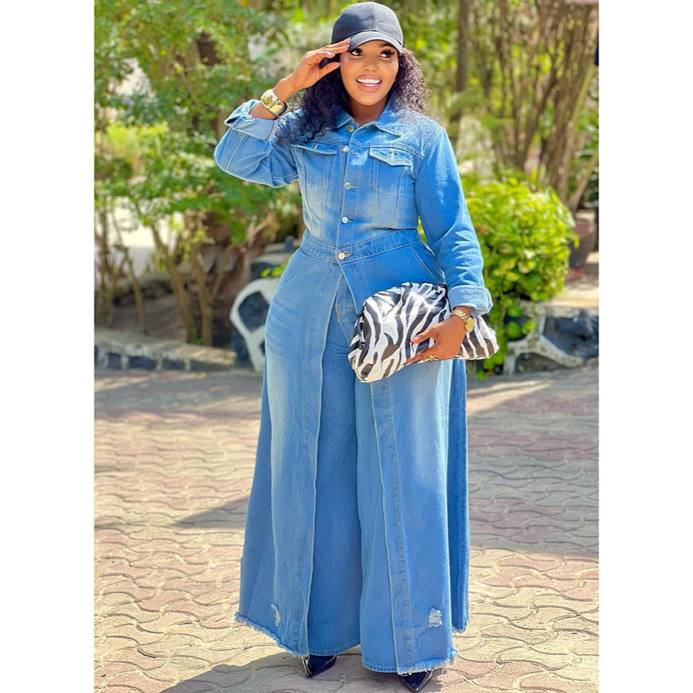 Style Loose Denim Long Coat Women's Autumn Winter Buttoned Open Front Long Sleeve Trench Coat Jacket
