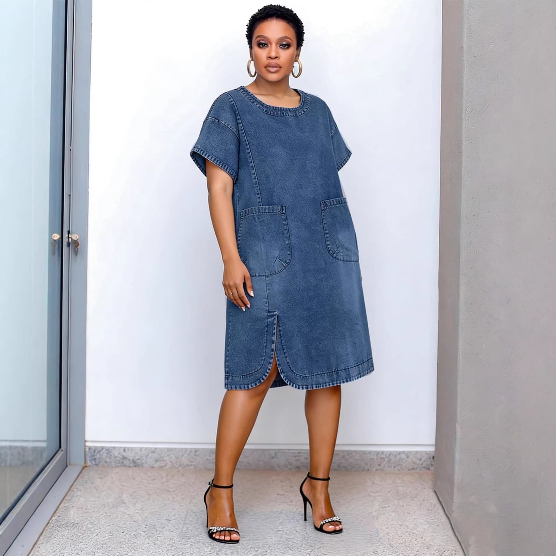 Casual Shoulder-Sleeve Short Sleeve Split Rounded Hem Denim Dress