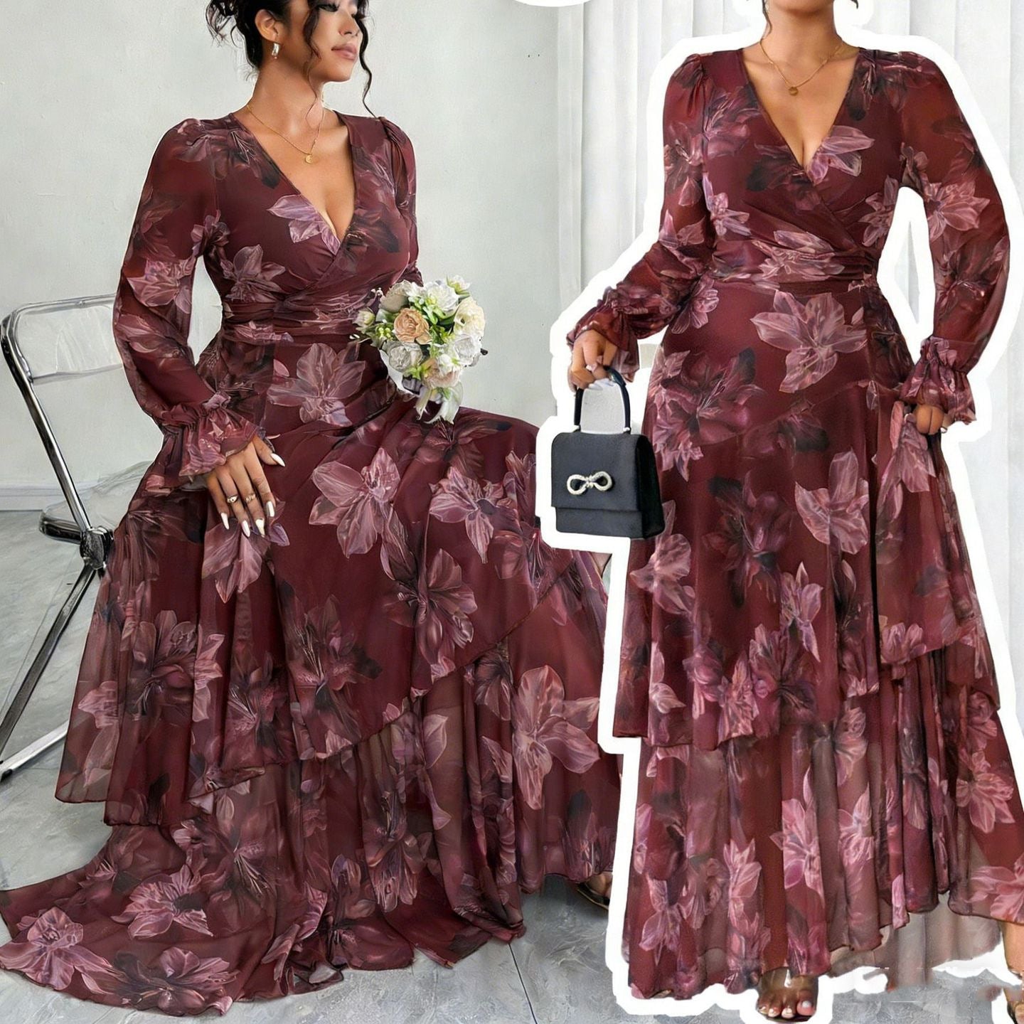 Fashion Printed Chiffon French V-Neck Fitted Waist Flared Maxi Dress for Women