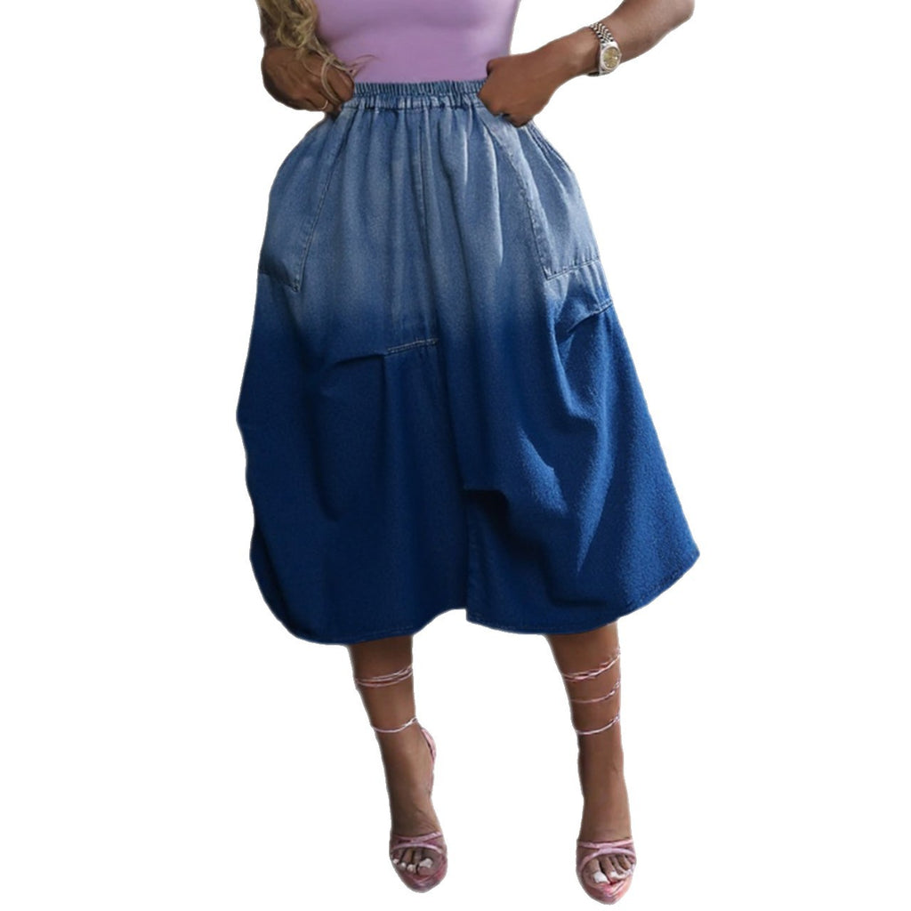 Washed Gradient Elastic Waist Denim Skirt