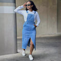 Women's Straight Leg Overalls Dress Street Fashion Large Pocket Slit Denim Skirt
