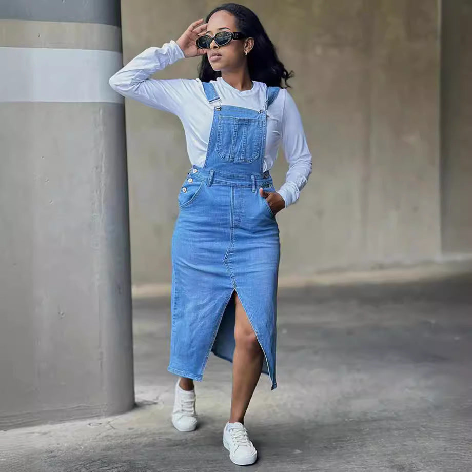 Women's Straight Leg Overalls Dress Street Fashion Large Pocket Slit Denim Skirt