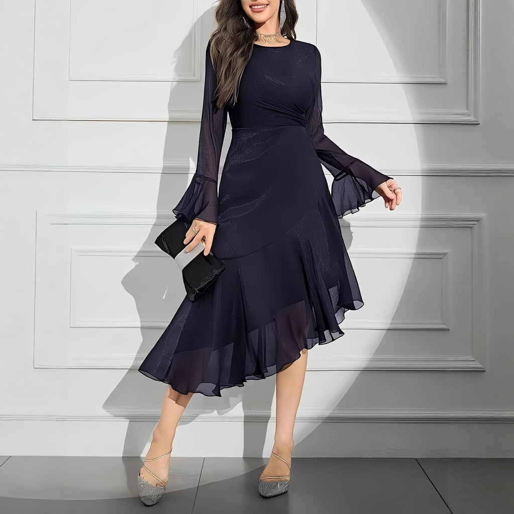 Elegant Round Neck Dress with Irregular Ruffle Pleats Slim Fit Long Sleeve New Style