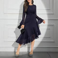 Elegant Round Neck Dress with Irregular Ruffle Pleats Slim Fit Long Sleeve New Style
