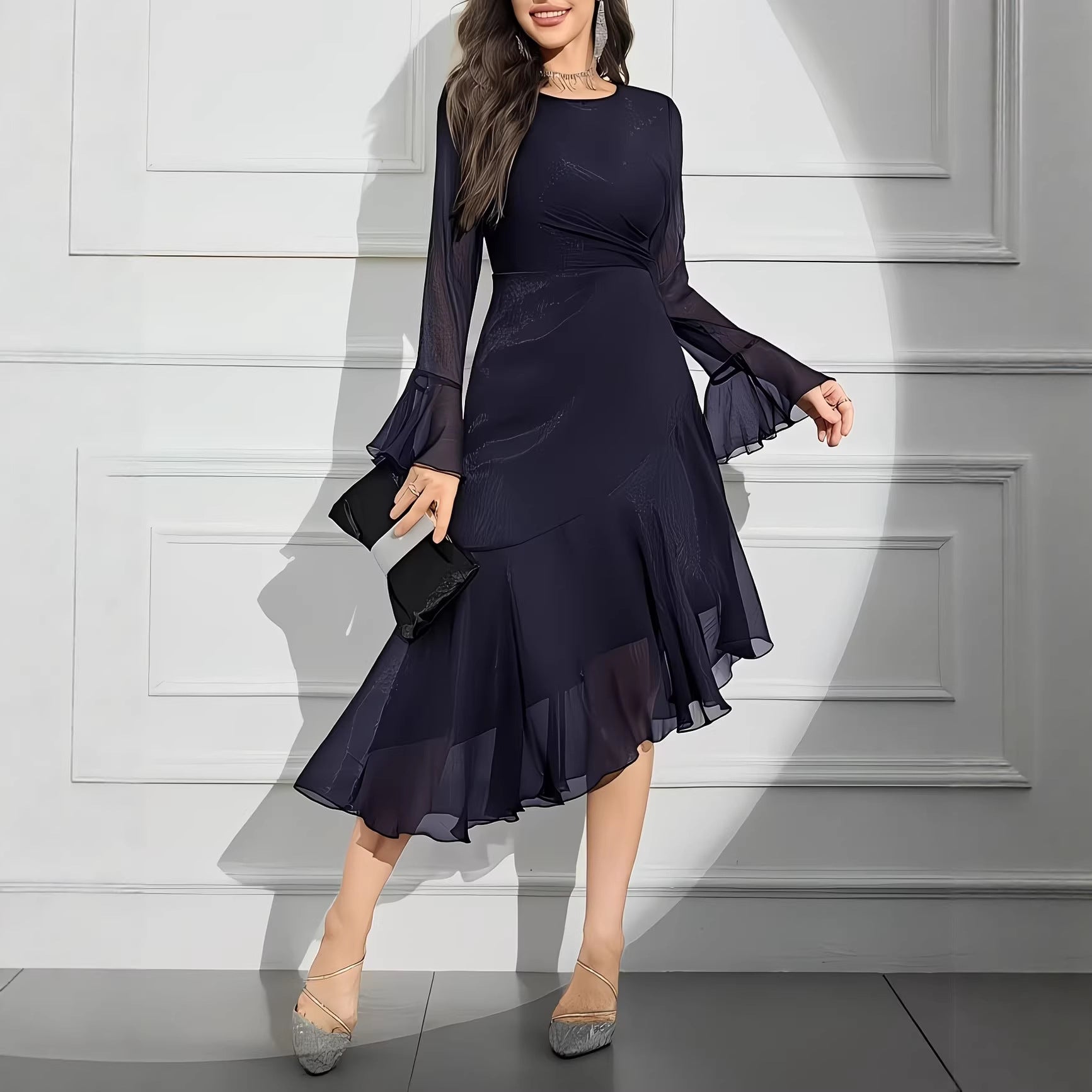Elegant Round Neck Dress with Irregular Ruffle Pleats Slim Fit Long Sleeve New Style