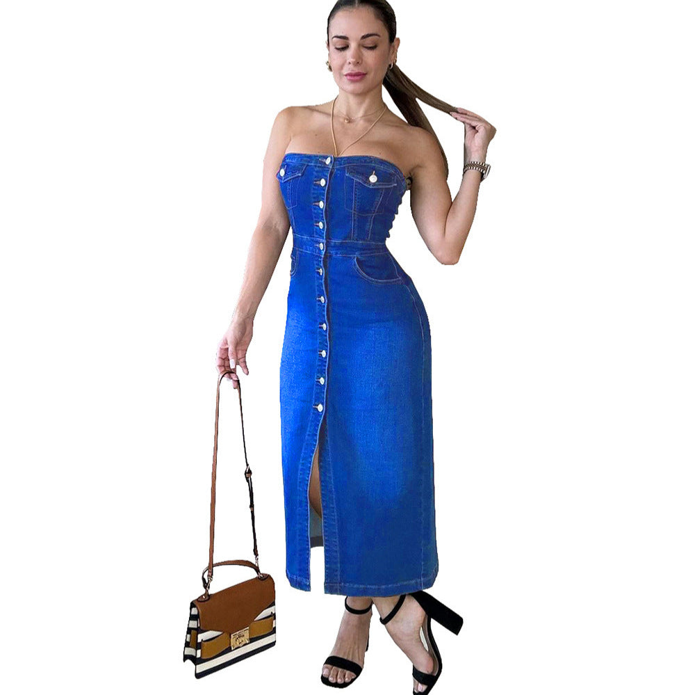 Women's Denim Dress Fashion Sexy Strapless Single-Button Split Bodycon Dress