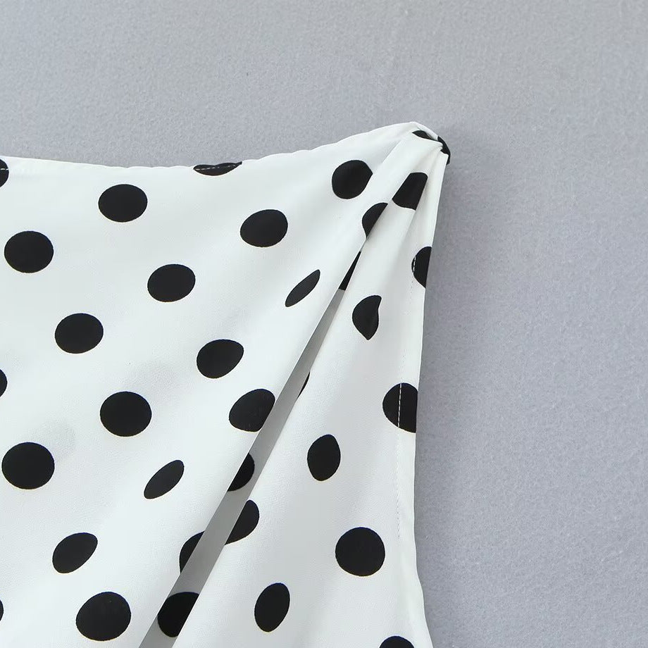 Retro one line slanted shoulder size polka dot patchwork dress