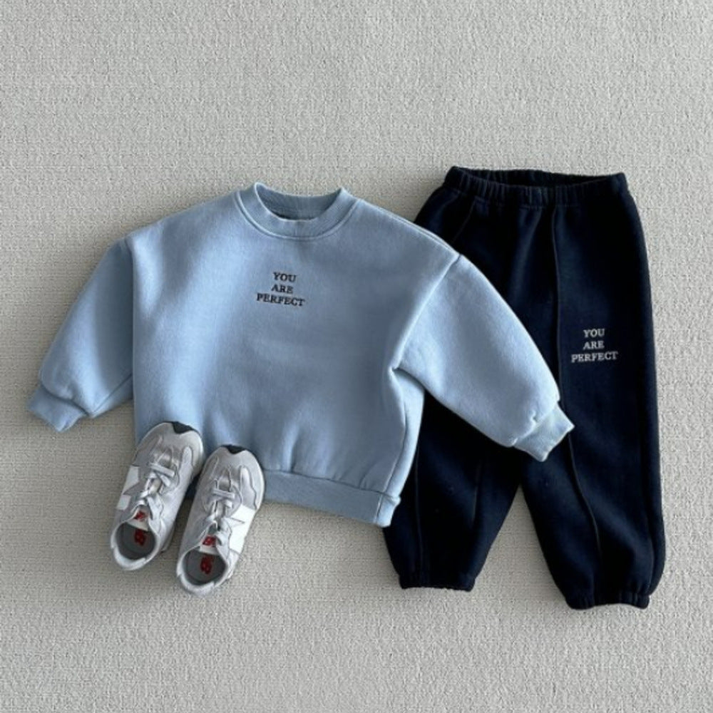 Embroidered letter color blocking casual versatile and plush two-piece set