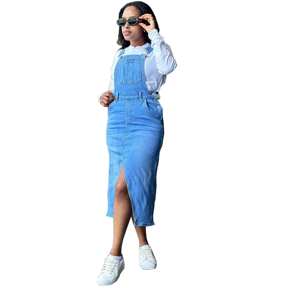 Women's Straight Leg Overalls Dress Street Fashion Large Pocket Slit Denim Skirt