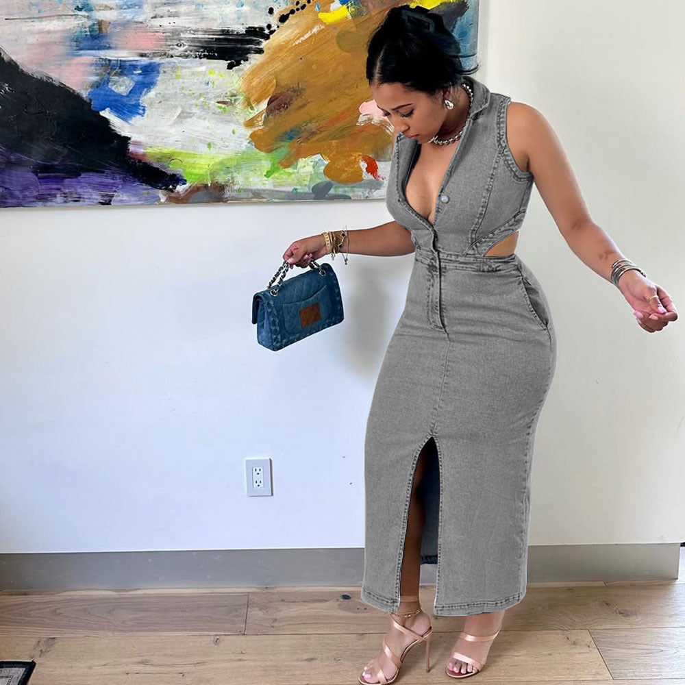 Women's Denim Dress, Fashion Sexy Sleeveless Flip Collar Split Dress