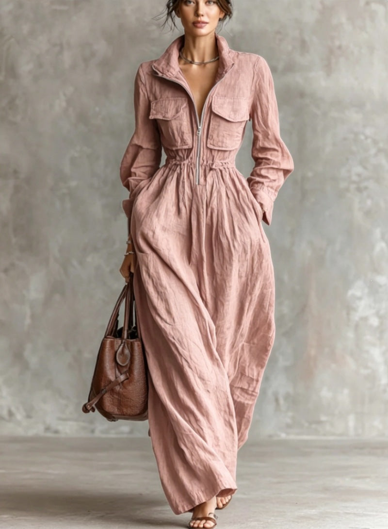 Women's Zipper Collar Elastic Waist Long Dress