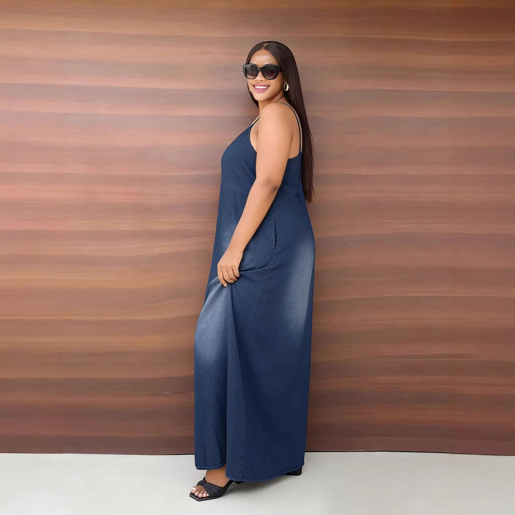 Casual Faded Side Pocket Loose Strap Denim Dress