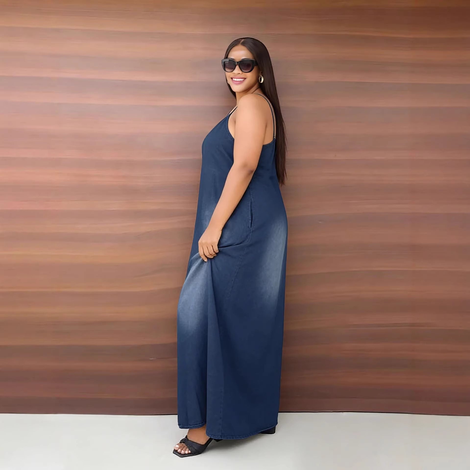Casual Faded Side Pocket Loose Strap Denim Dress