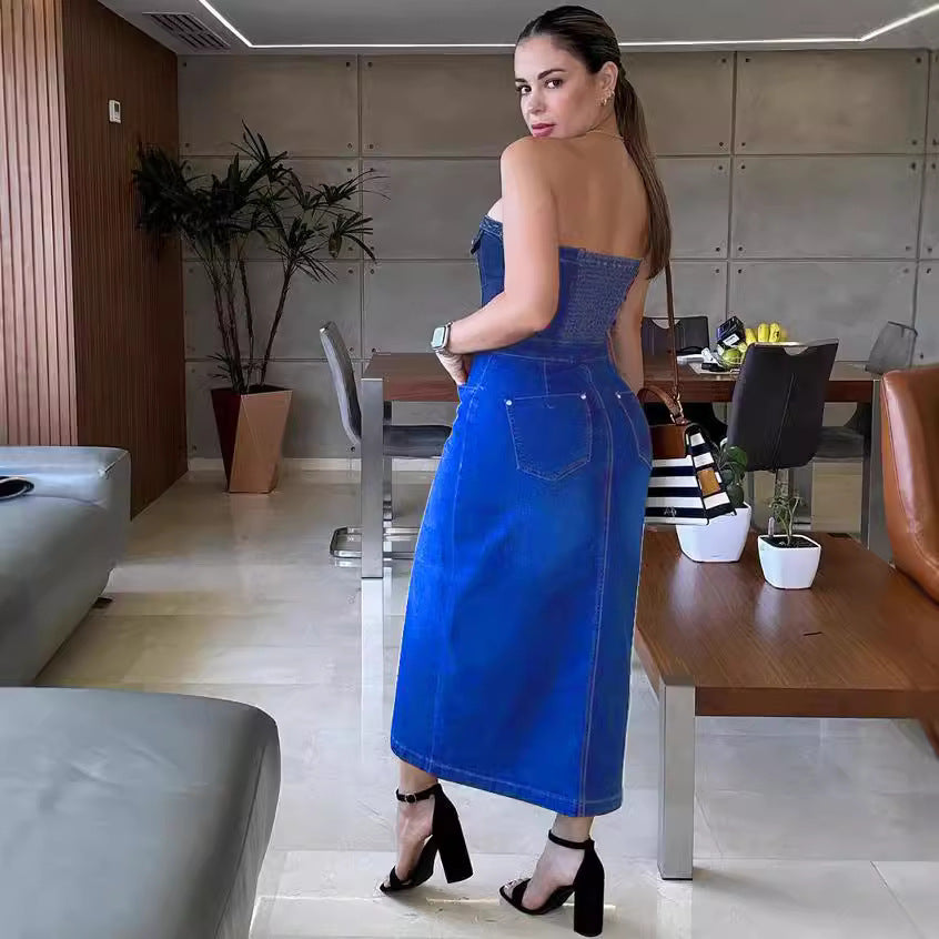 Women's Denim Dress Fashion Sexy Strapless Single-Button Split Bodycon Dress