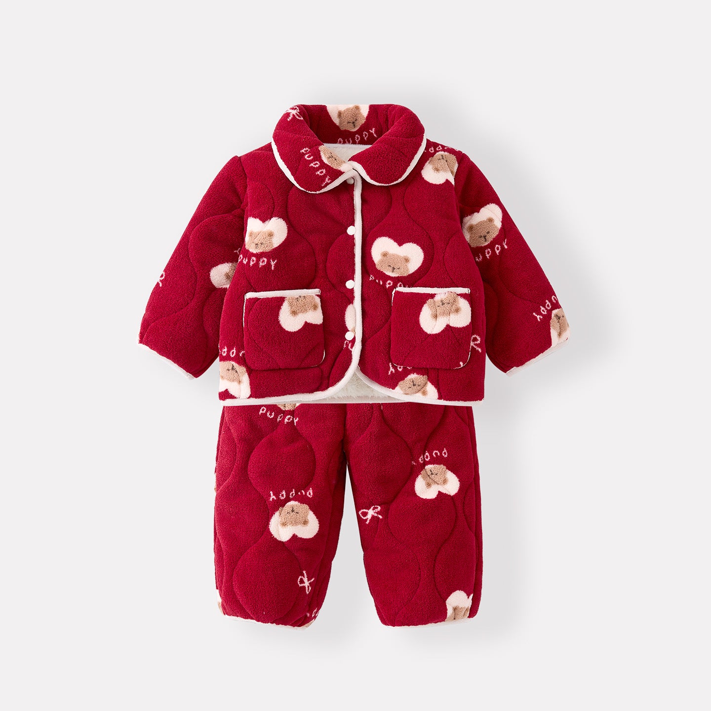 Wear Set with Cartoon Design, Warm and Thickened Two-Piece Pajama Suit for Infants and Toddlers