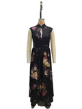 Sleeveless black three-dimensional floral print long skirt slim fit dress