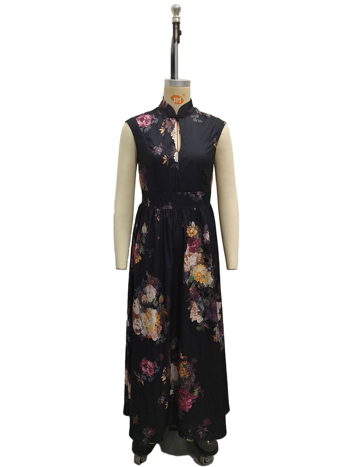 Sleeveless black three-dimensional floral print long skirt slim fit dress