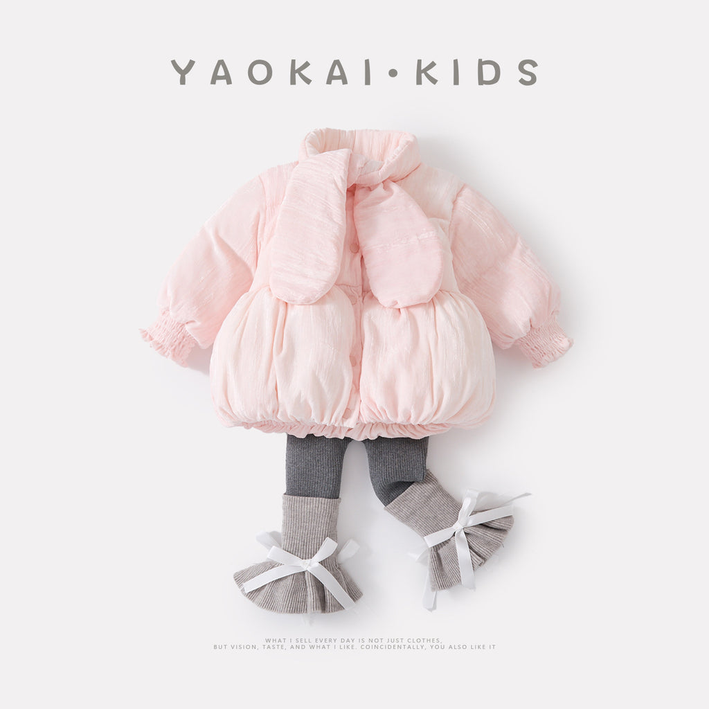 Fleece-Lined Thick Velvet Cotton Coat Set for Baby Girls, Two-Piece Outfit with Bottoms