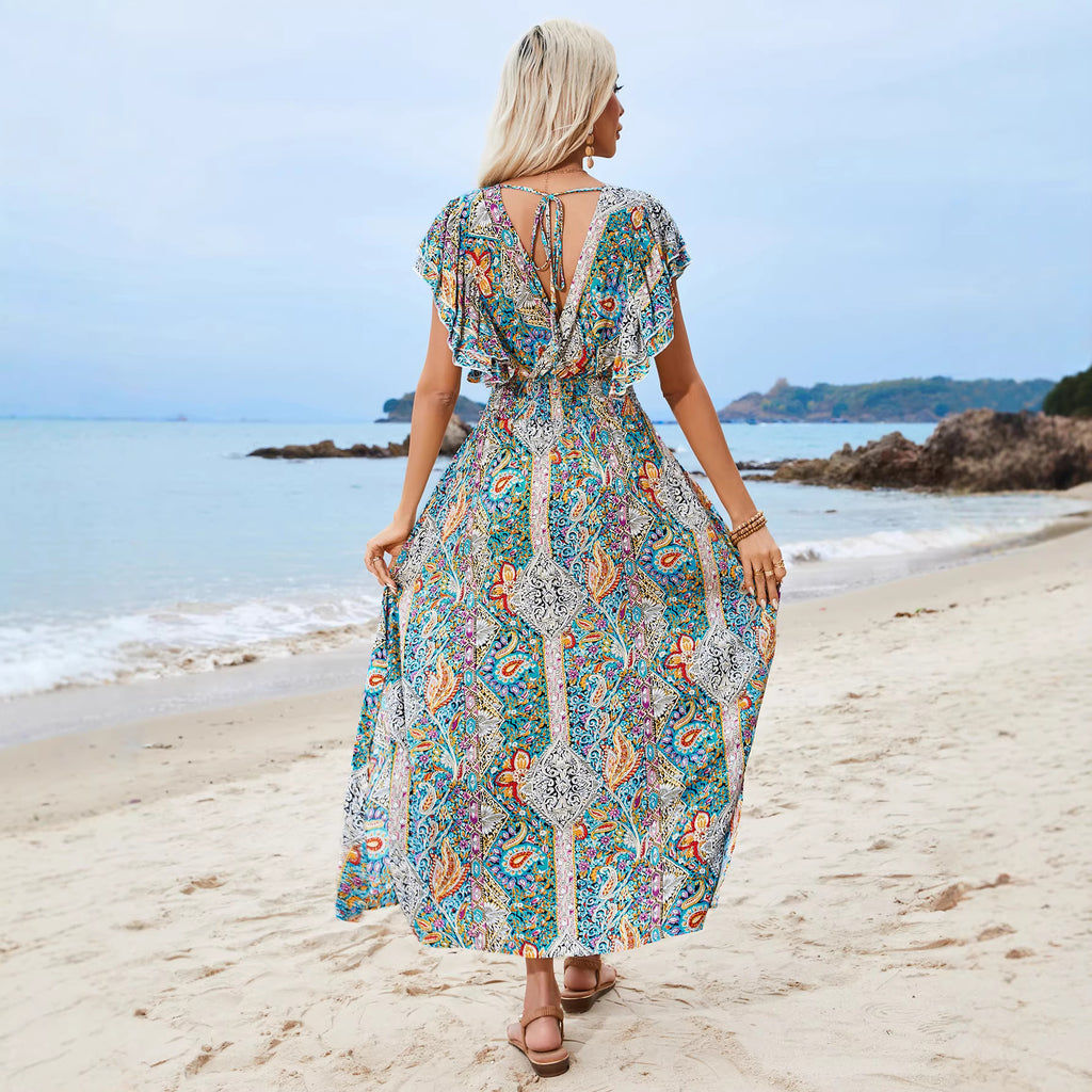 V-neck short sleeved slit dress