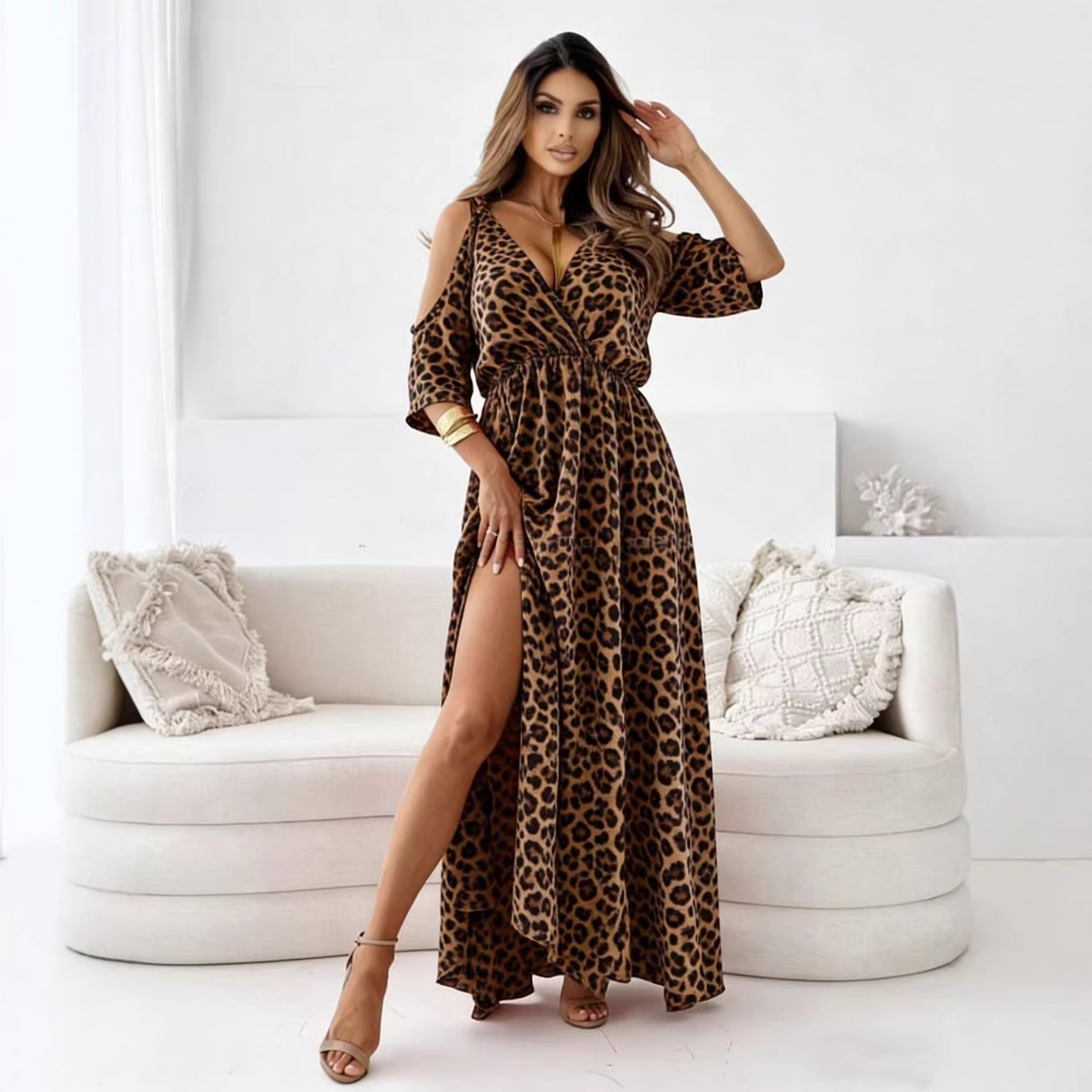 Leopard striped strap slit dress for women