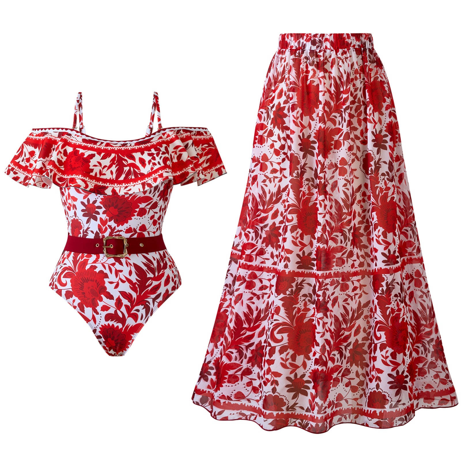 Fashion Sexy Two-Piece Swimsuit for Women with Chiffon Skirt and Vintage Print Swimwear Set