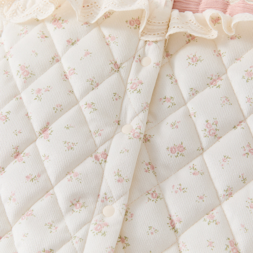 Quilted Fleece Floral Romper with Embroidery, Thick Warm Long Bodysuit for Girls