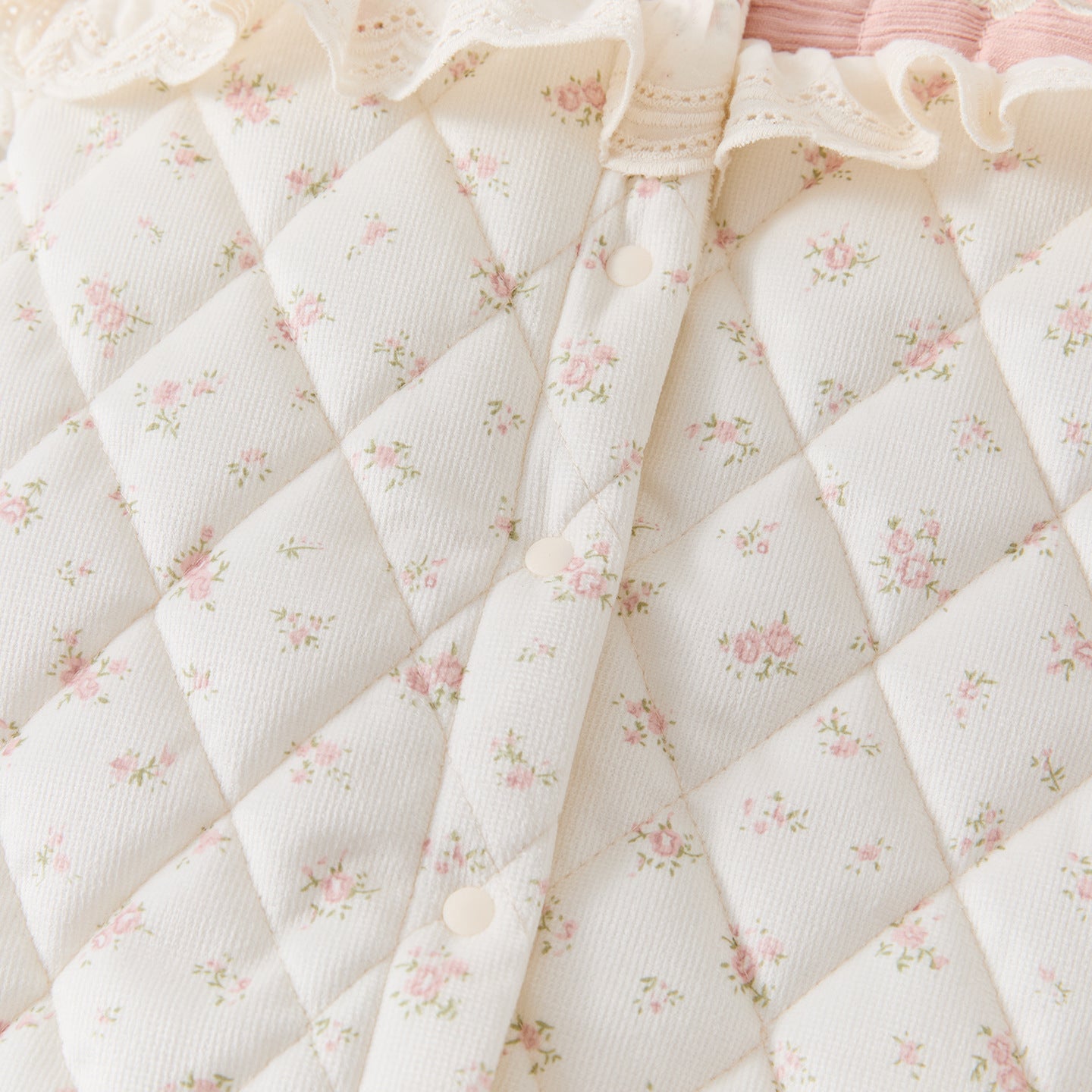 Quilted Fleece Floral Romper with Embroidery, Thick Warm Long Bodysuit for Girls