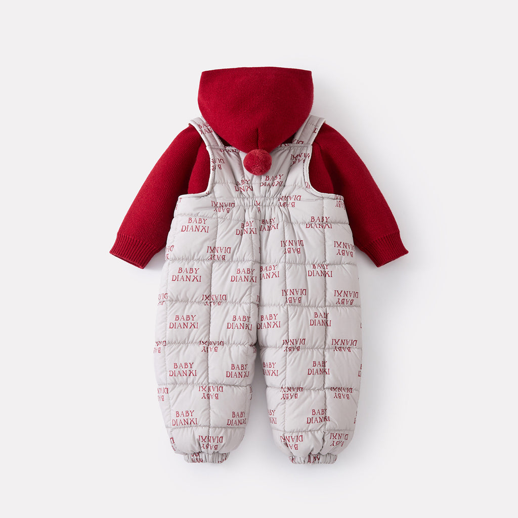 Cotton-Padded Fleece Letter Overalls Set with Hooded Sweater Two-Piece Outfit