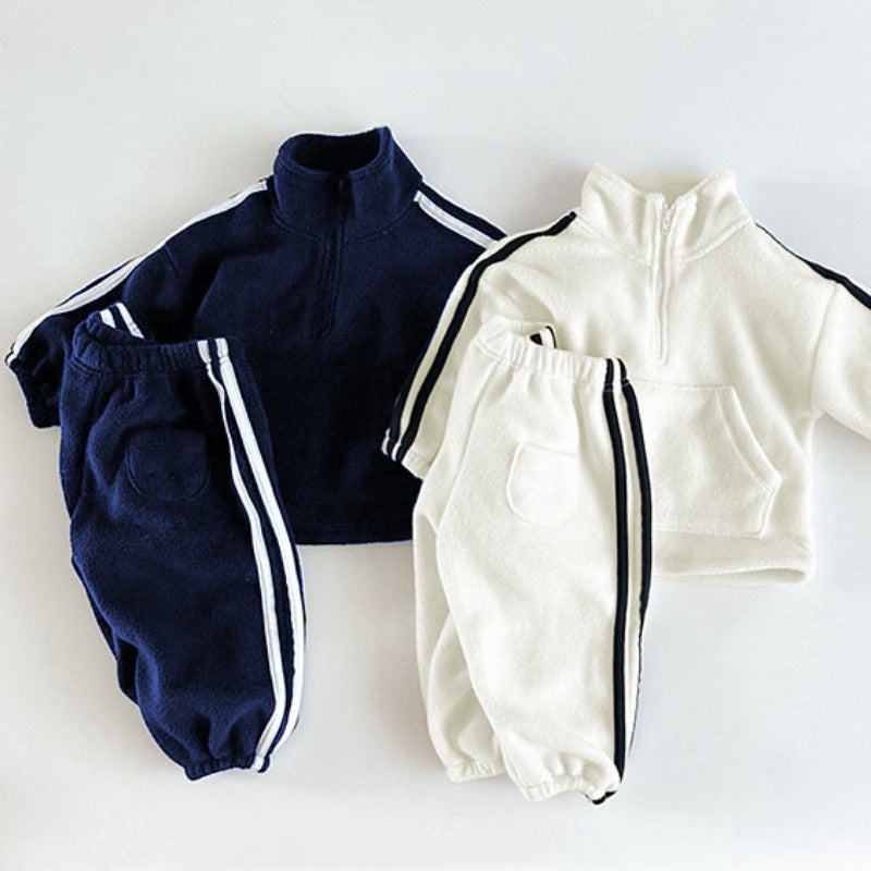 Thickened warm fleece two-piece set with color blocked edges