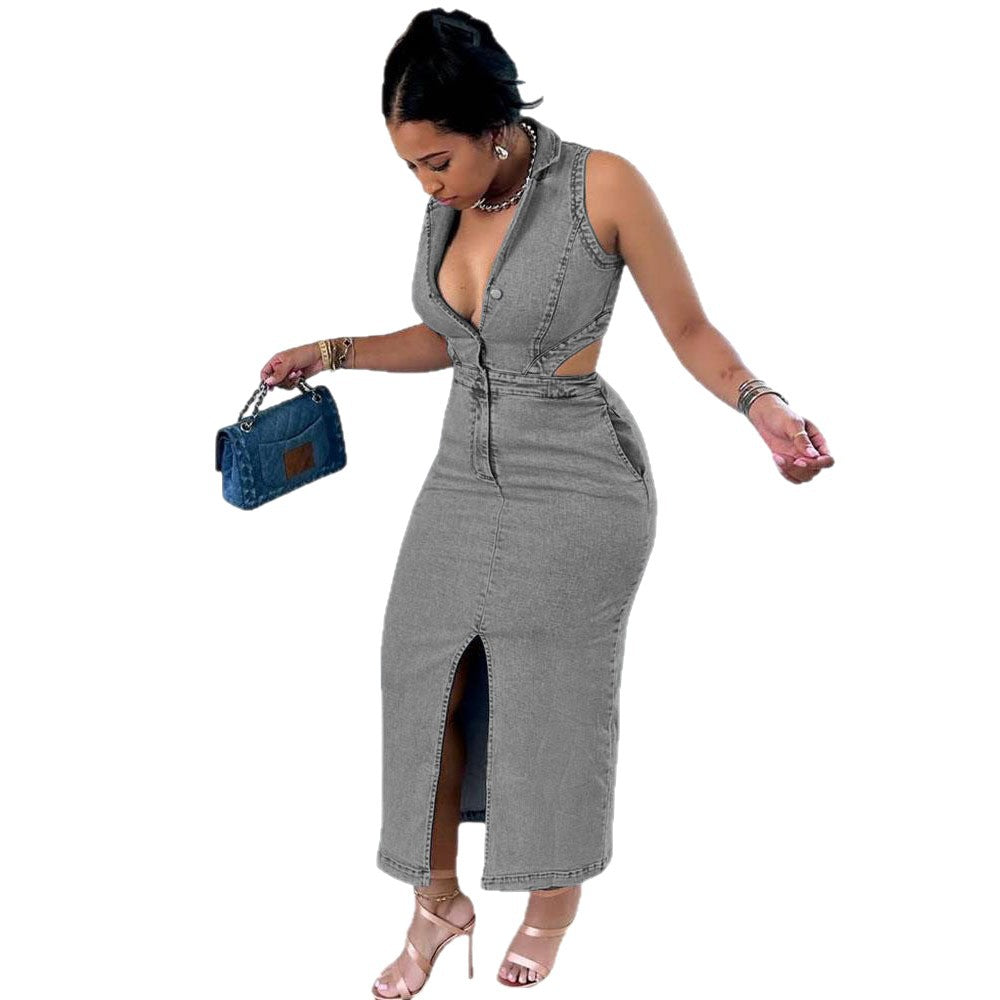 Fashion Street Style Single-Breasted Sleeveless Necktie Elastic Long Dress for Women