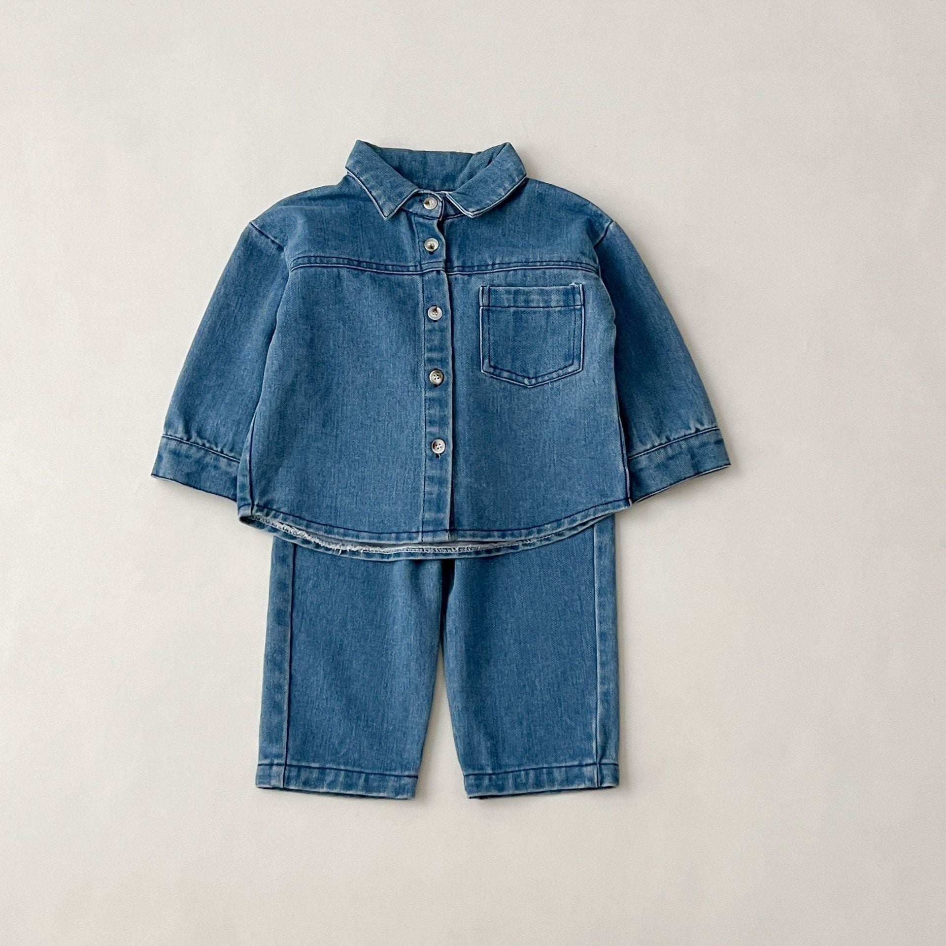 Autumn and winter set boys' and girls' solid color denim two-piece set