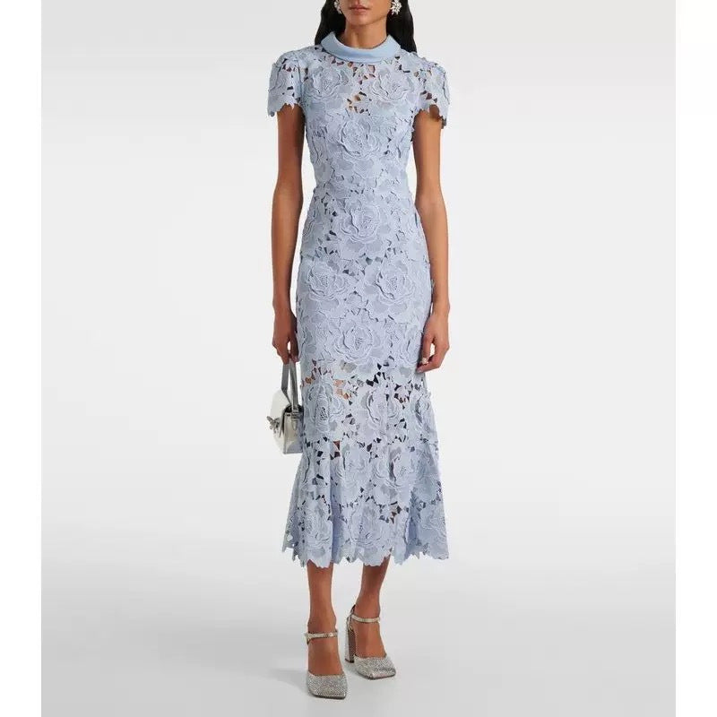 High neck short sleeved lace dress