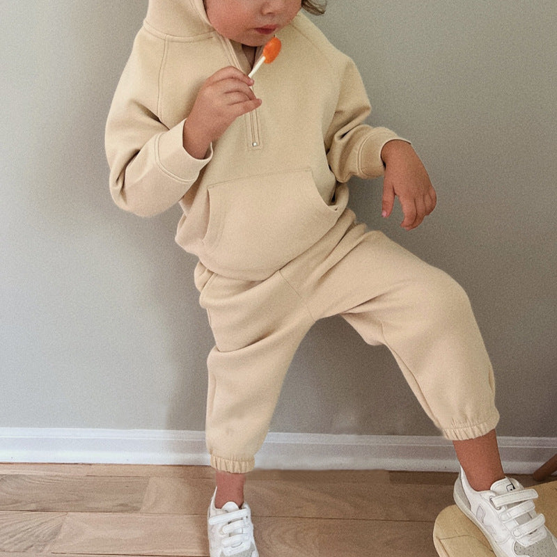 Half zip hooded sweatshirt ankle pants minimalist fleece two-piece set
