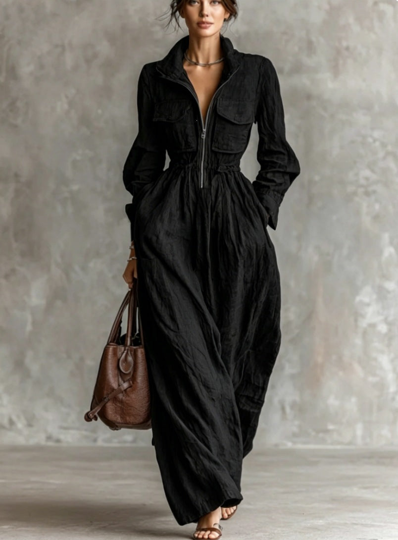 Women's Zipper Collar Elastic Waist Long Dress