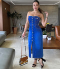 Women's Denim Dress Fashion Sexy Strapless Single-Button Split Bodycon Dress