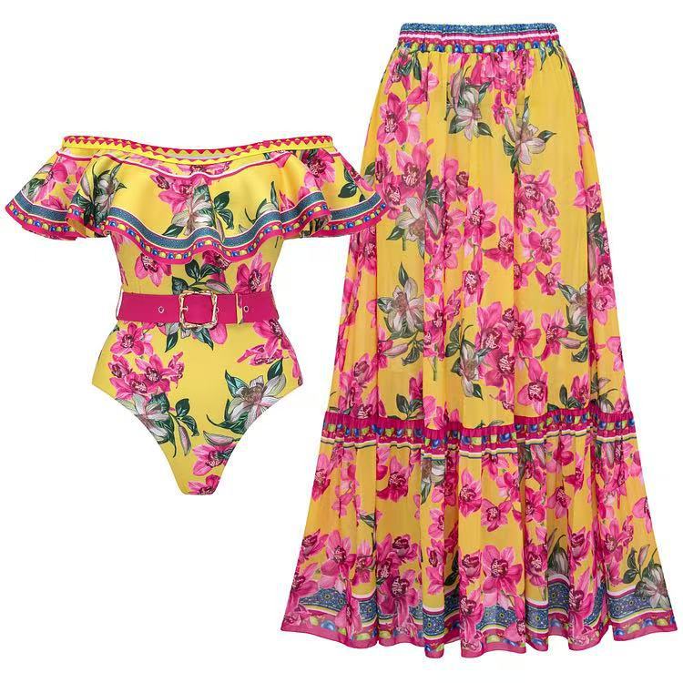Fashion Sexy Two-Piece Swimsuit for Women with Chiffon Skirt and Vintage Print Swimwear Set