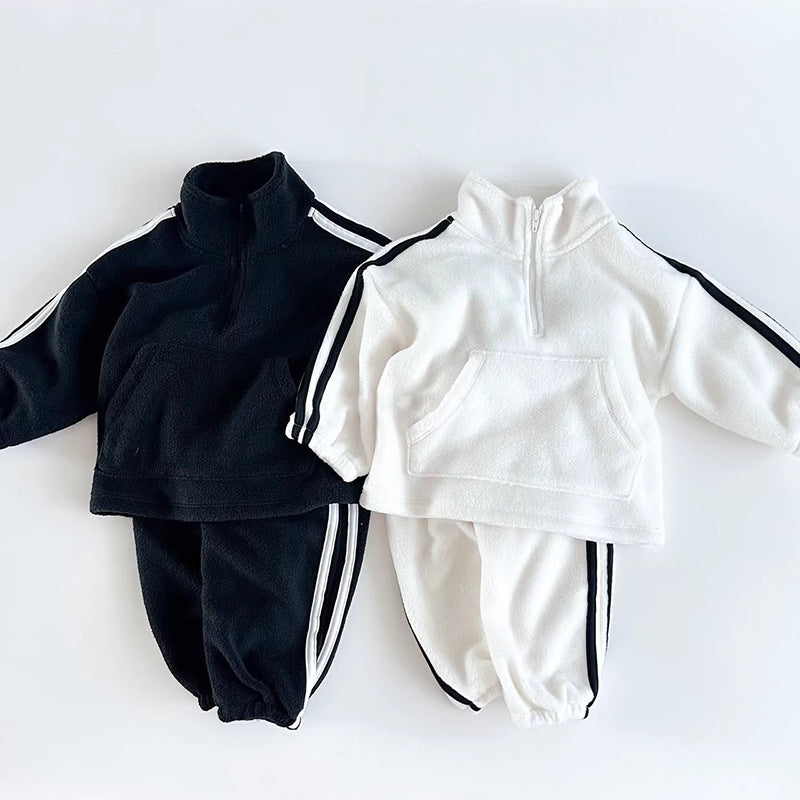 Thickened warm fleece two-piece set with color blocked edges