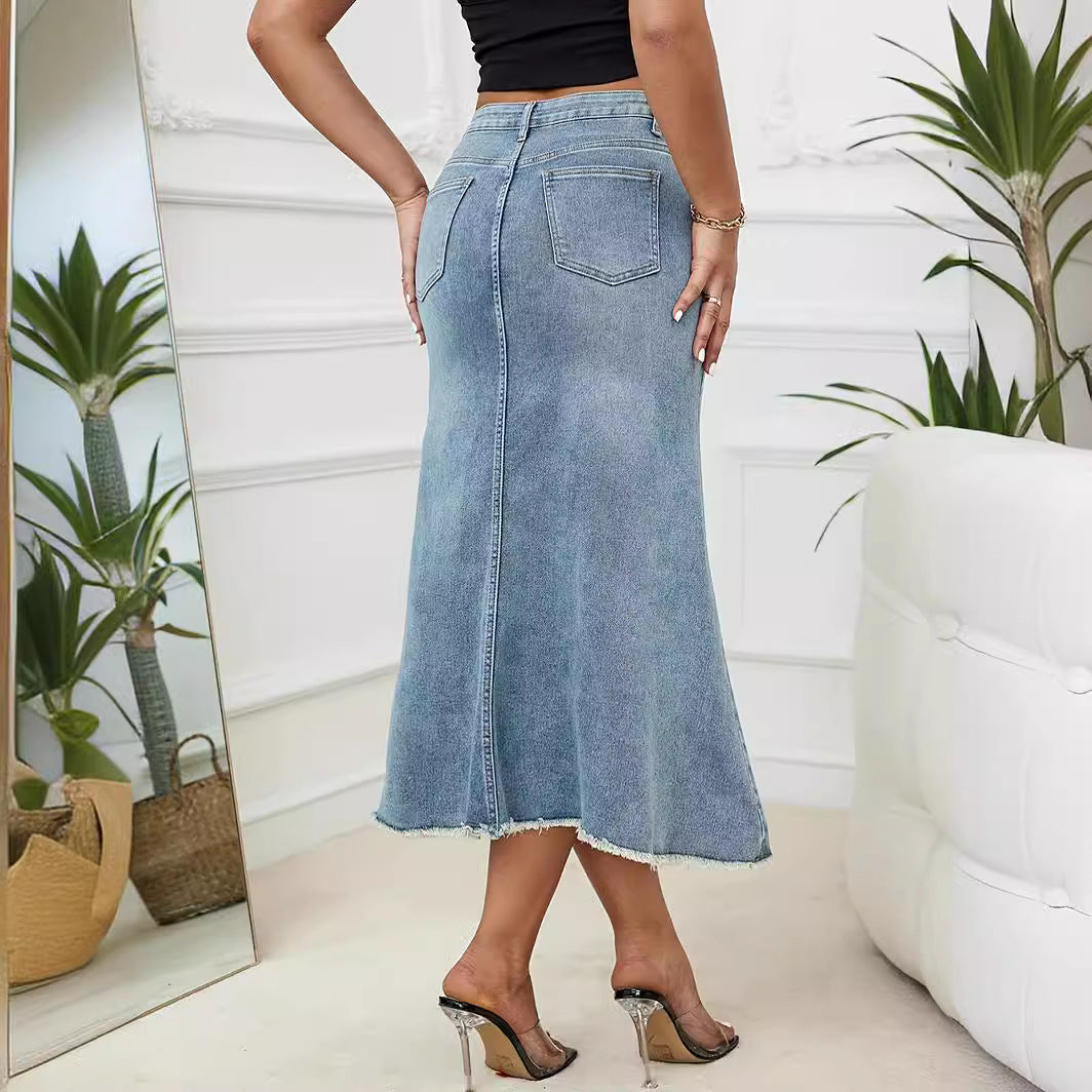 Style high-waisted denim skirt, street casual A-line floor-length frayed hem denim skirt