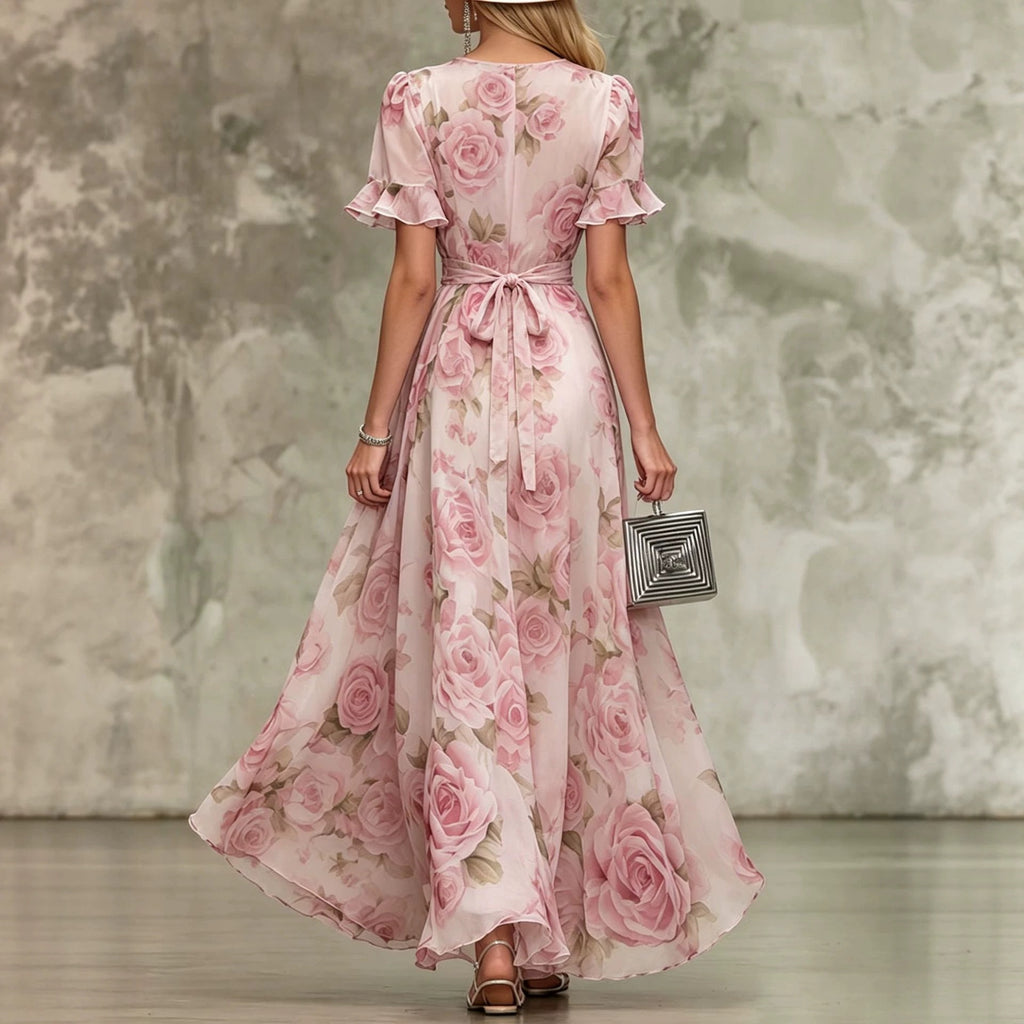 Deep V-neck ruffle sleeve printed dress