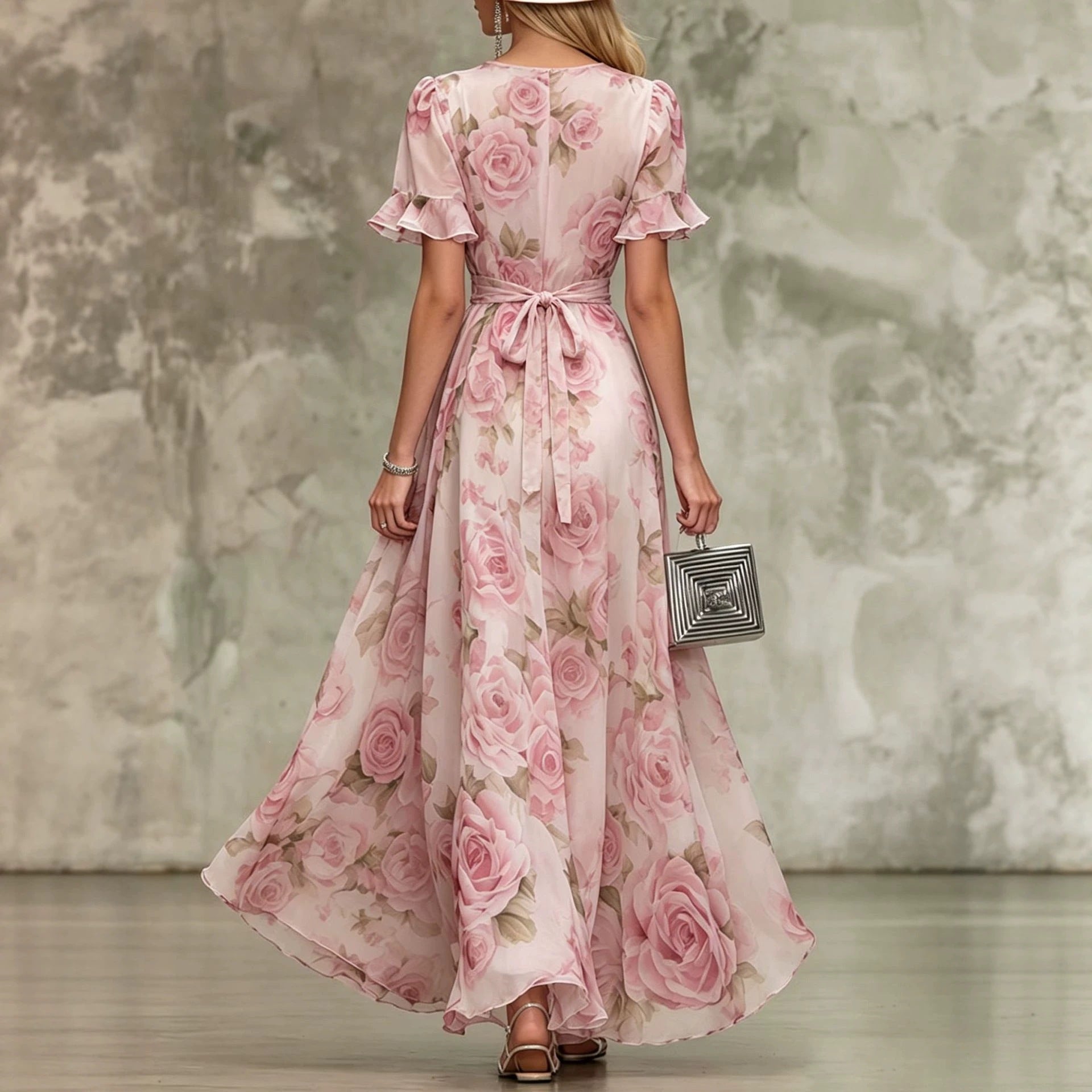 Deep V-neck ruffle sleeve printed dress